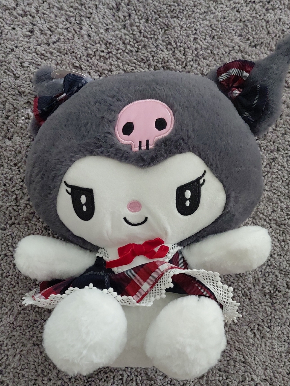 Kuromi Style Gray and White Plush Character Doll with Pink Skull Accent